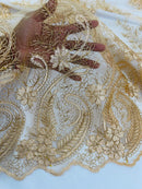 Metallic Corded Lace - Copper - Paisley Floral Fabric with Metallic Thread on a Mesh Lace By Yard