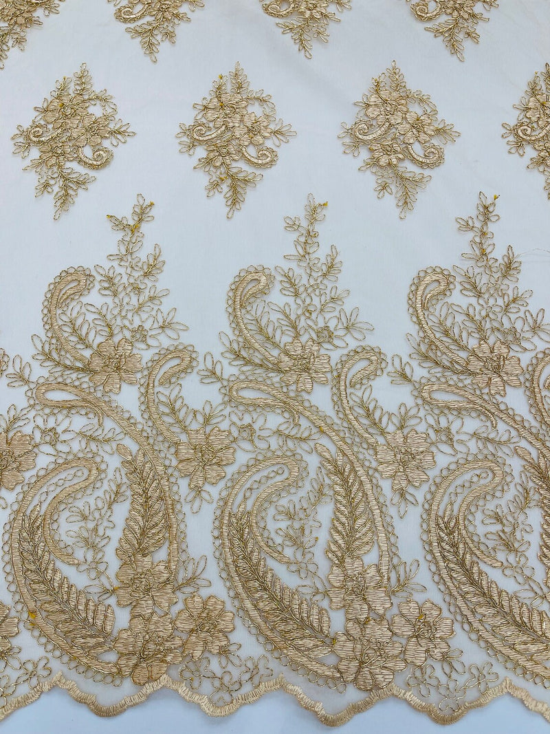 Metallic Corded Lace - Copper - Paisley Floral Fabric with Metallic Thread on a Mesh Lace By Yard
