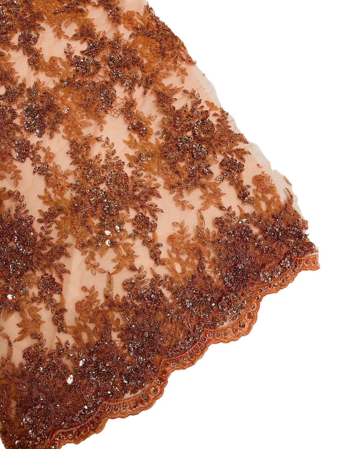 Floral Leaf Beaded Fabric - Copper - Embroidered Flower Leaf Design Beaded Fabric By Yard