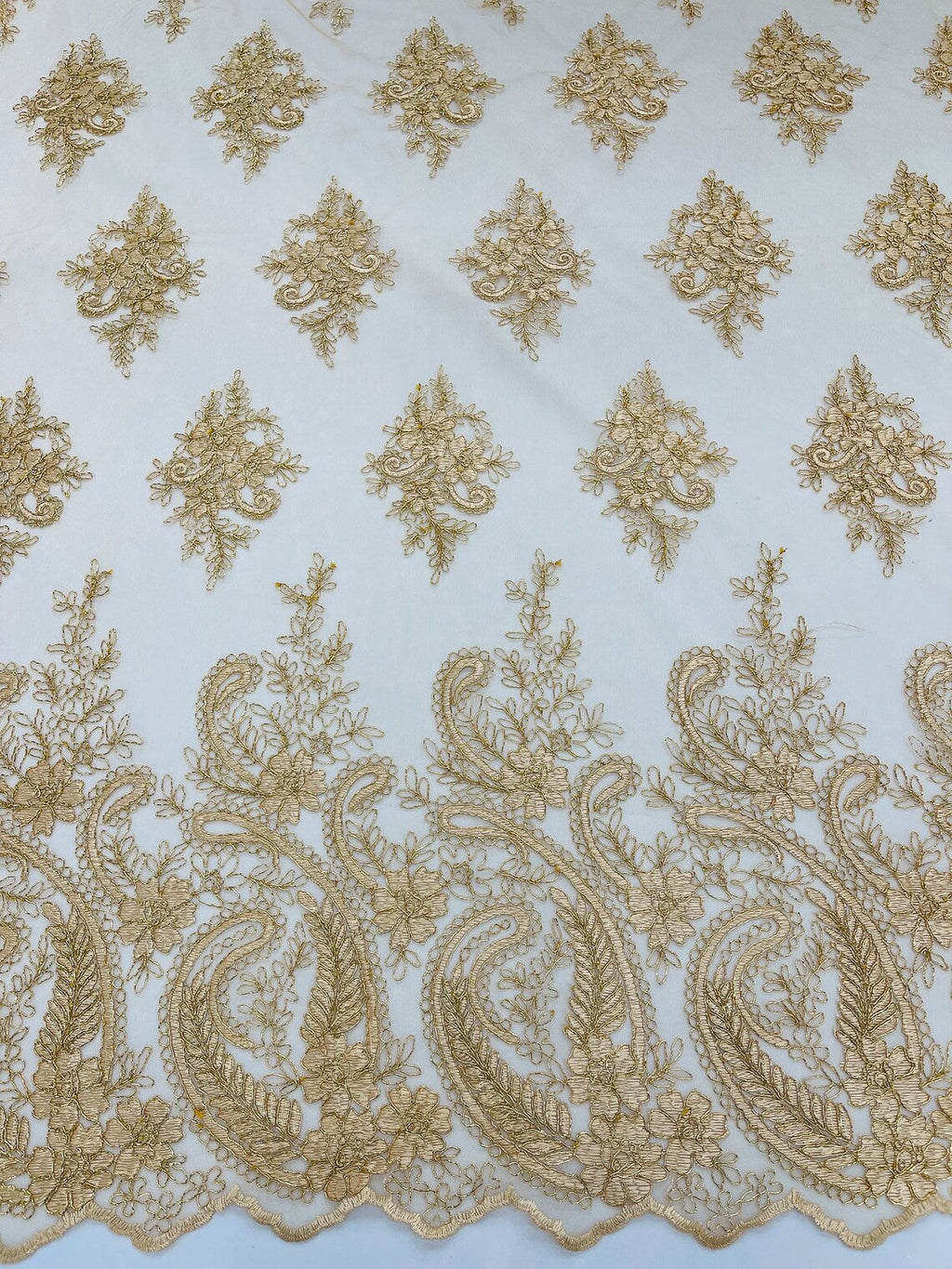 Metallic Corded Lace - Copper - Paisley Floral Fabric with Metallic Thread on a Mesh Lace By Yard