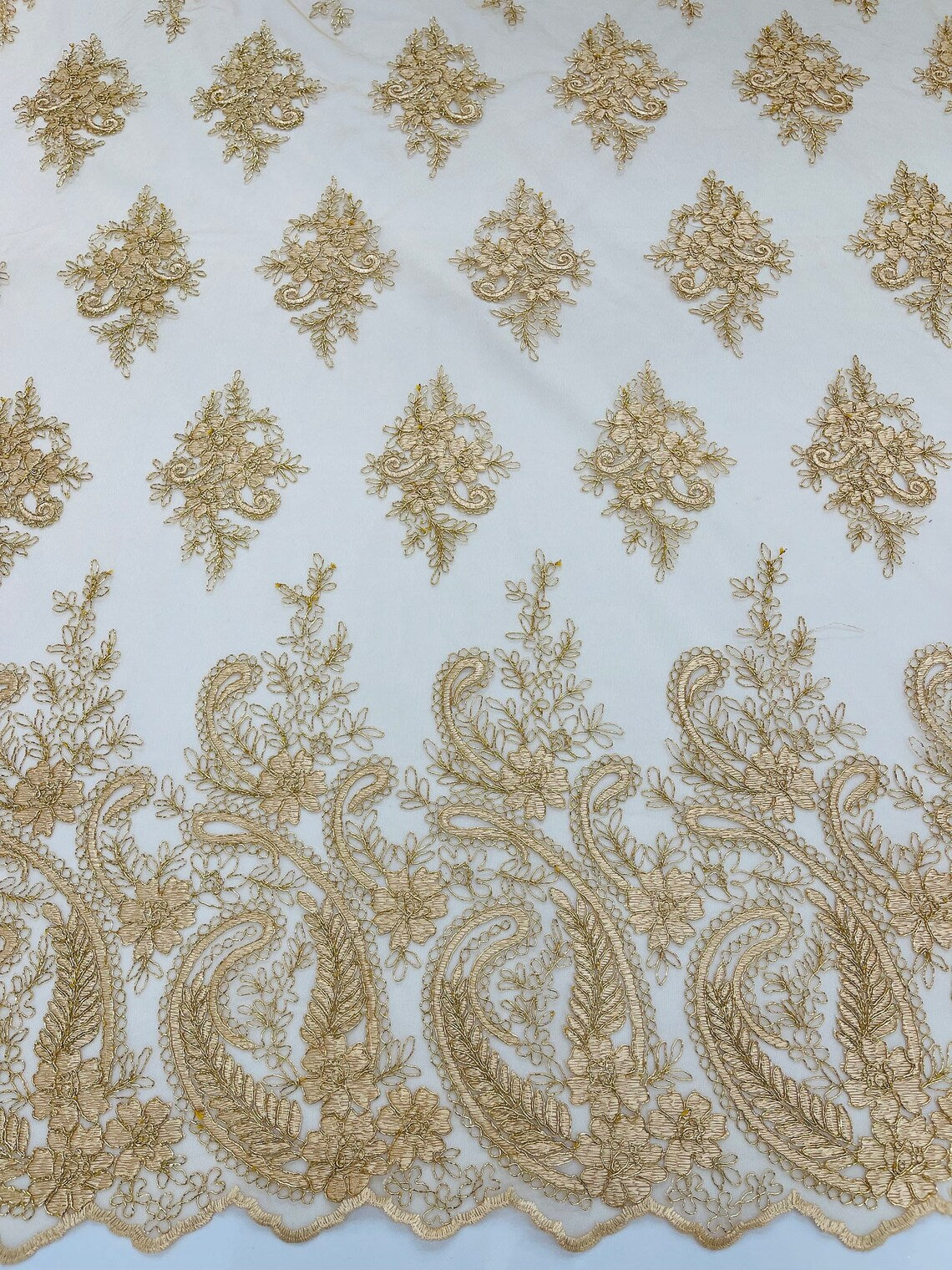 Metallic Corded Lace - Copper - Paisley Floral Fabric with Metallic Thread on a Mesh Lace By Yard