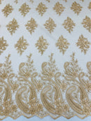Metallic Corded Lace - Copper - Paisley Floral Fabric with Metallic Thread on a Mesh Lace By Yard