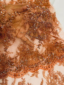 Floral Leaf Beaded Fabric - Copper - Embroidered Flower Leaf Design Beaded Fabric By Yard