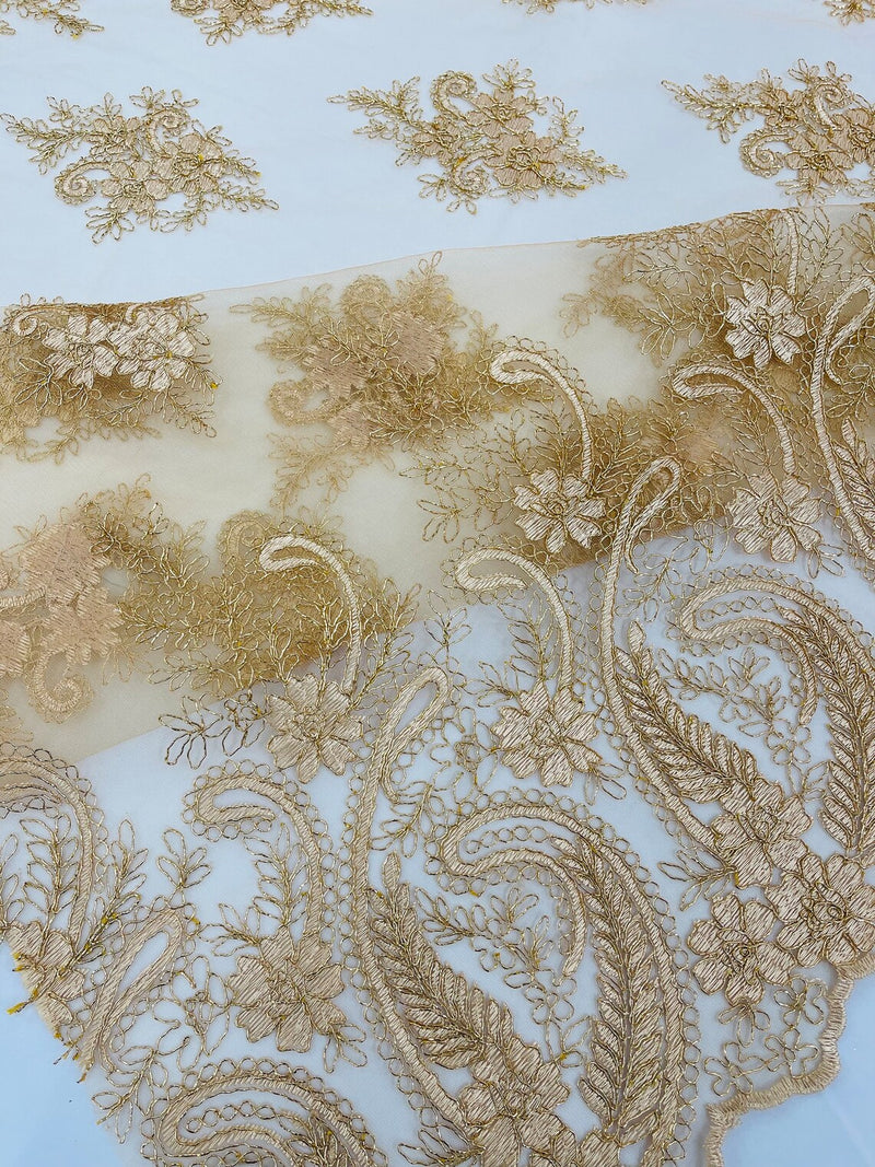 Metallic Corded Lace - Copper - Paisley Floral Fabric with Metallic Thread on a Mesh Lace By Yard