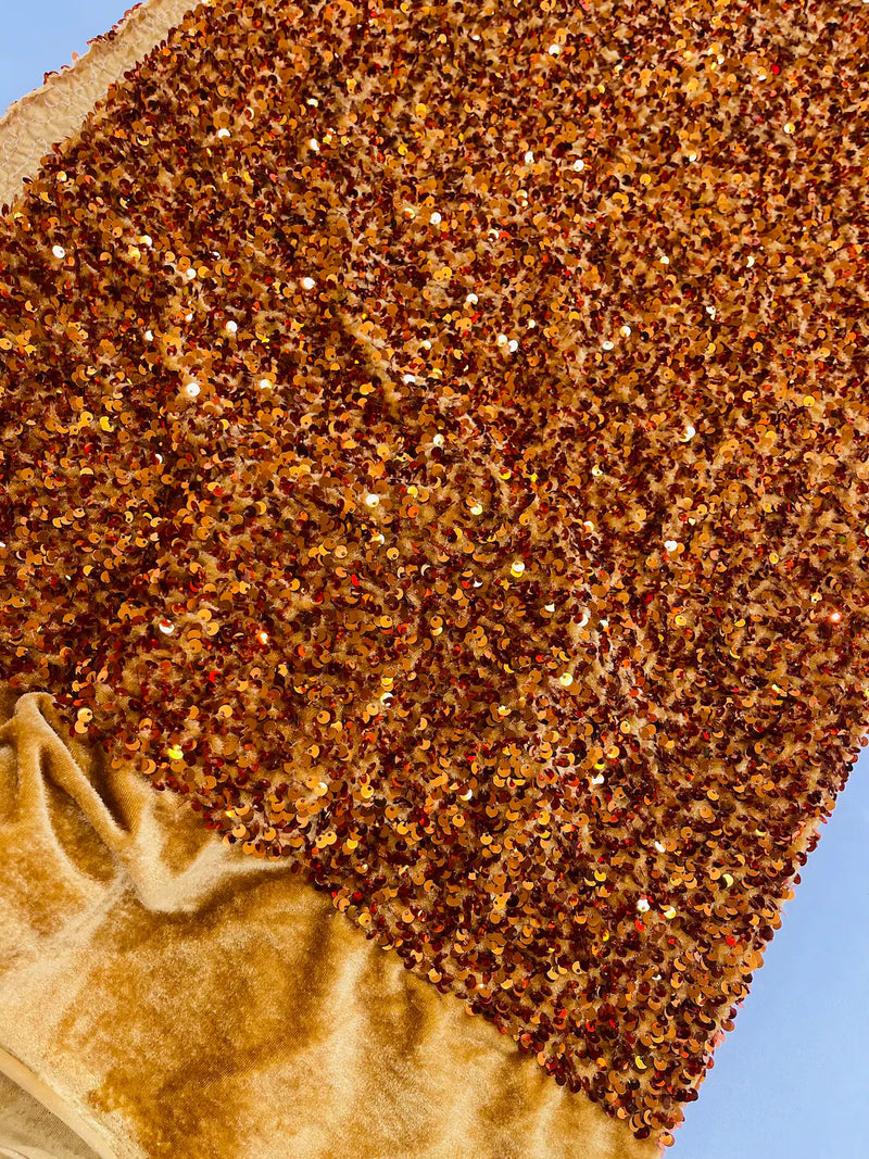Stretch Velvet Sequins Fabric - Copper - Velvet Sequins 2 Way Stretch 58/60” By Yard