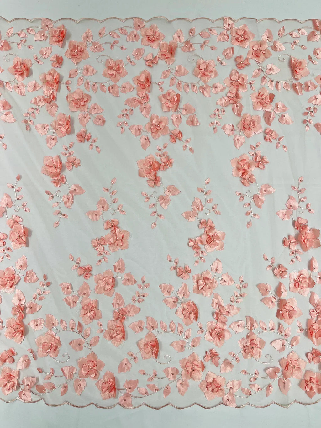3D Floral Pearl Fabric - Coral - Embroidered Floral Pearl Fabric Double Border On Mesh By Yard