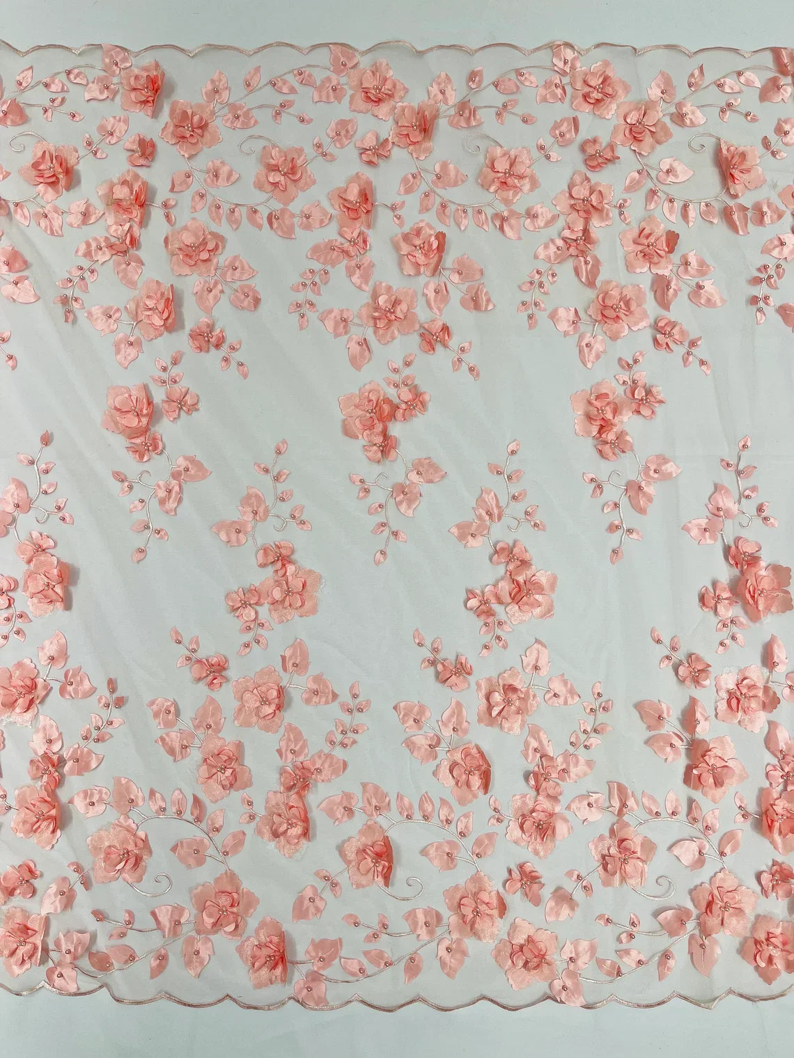 3D Floral Pearl Fabric - Coral - Embroidered Floral Pearl Fabric Double Border On Mesh By Yard