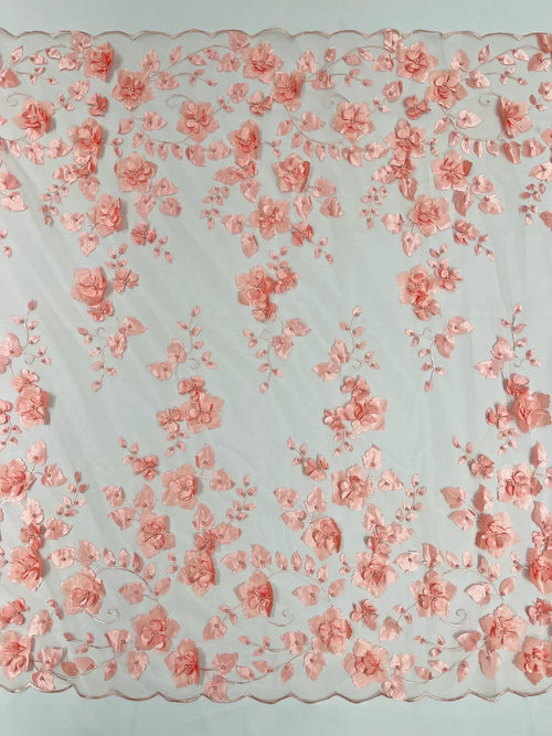 3D Floral Pearl Fabric - Coral - Embroidered Floral Pearl Fabric Double Border On Mesh By Yard