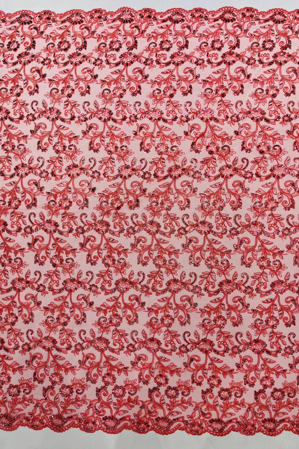 Corded Sequin Floral Fabric - Coral - Embroidery Design With Sequins on a Mesh Lace Fabric Sold By Yard