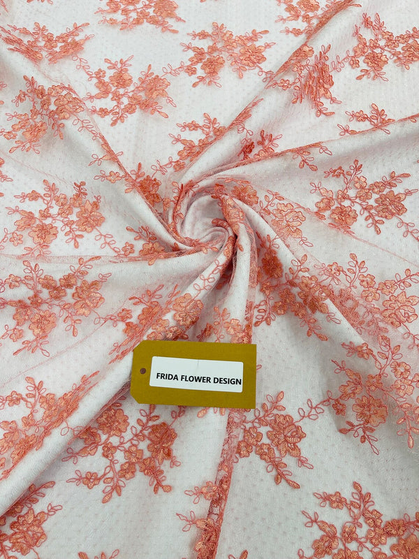 Embroidered Corded Lace Fabric - Coral - Cluster Fancy Flower Embroidered Lace Fabric By Yard