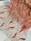 Beaded Fire Design Fabric - Coral - Fire Flame Design Sequins and Beads on Mesh by Yard