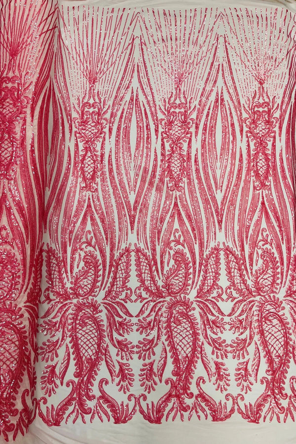 Paisley Sequin Fabric - Coral - Line Pattern 4 Way Stretch Elegant Fabric By The Yard