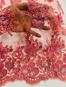 Rhinestone Beaded Fabric - Coral - Beaded Floral Rhinestone Design with Fancy Border Sold By Yard