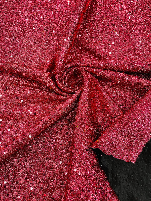 Sequins on Metallic Foil - Coral - 5mm Sequins Confetti 2Way Stretch Spandex Fabric by yard