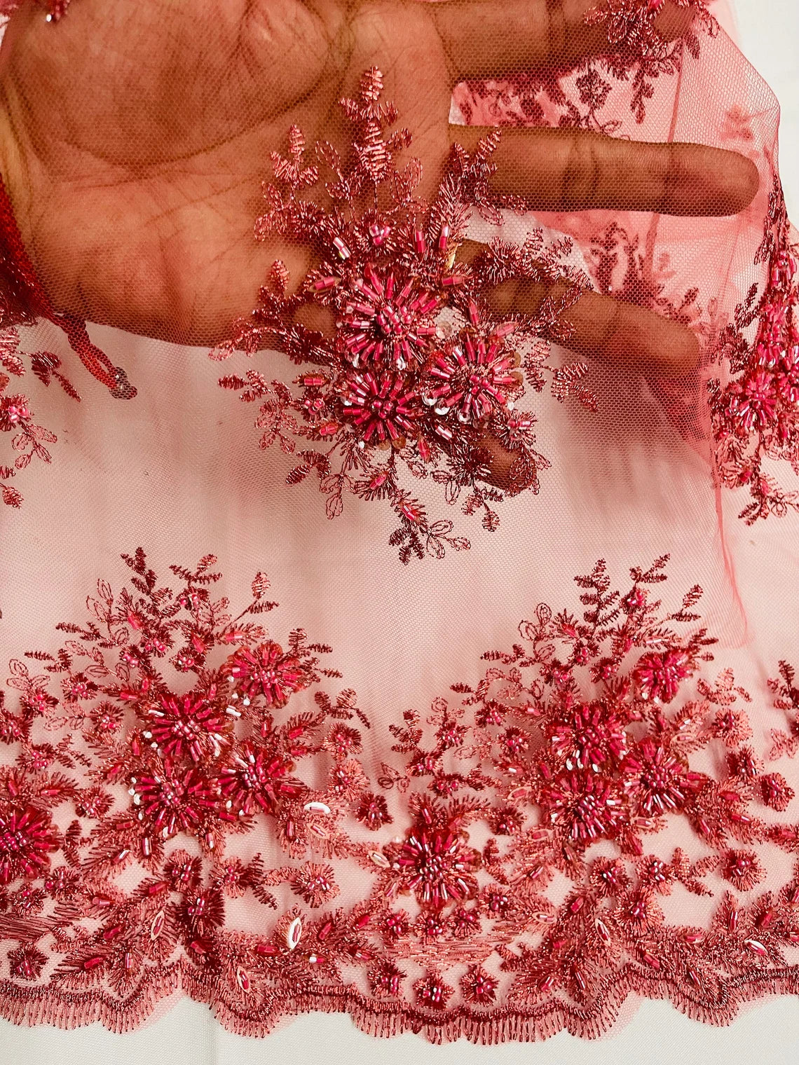 Beaded Flower Cluster Fabric - Coral - Beaded Floral Gaviota Design Embroidered On Mesh Sold By Yard