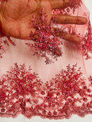 Beaded Flower Cluster Fabric - Coral - Beaded Floral Gaviota Design Embroidered On Mesh Sold By Yard