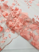 3D Floral Pearl Fabric - Coral - Embroidered Floral Pearl Fabric Double Border On Mesh By Yard