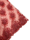 Beaded Flower Cluster Fabric - Coral - Beaded Floral Gaviota Design Embroidered On Mesh Sold By Yard