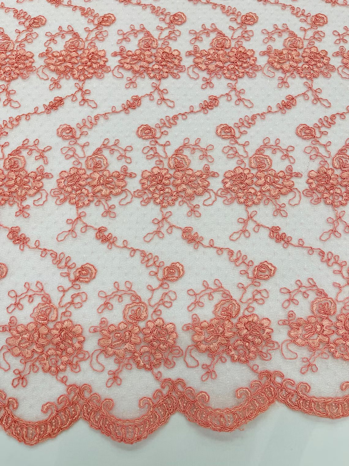Embroidered Flower Fabric - Coral - Floral Design Scalloped Border Fabric By Yard
