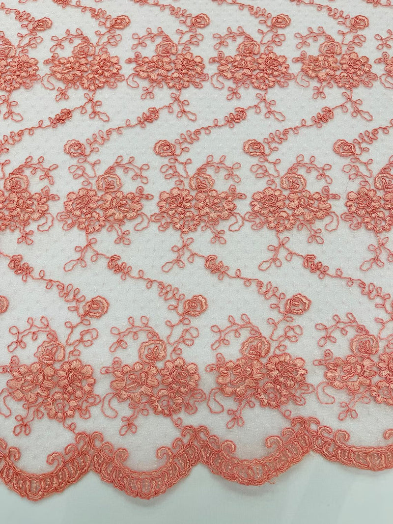 Embroidered Flower Fabric - Coral - Floral Design Scalloped Border Fabric By Yard