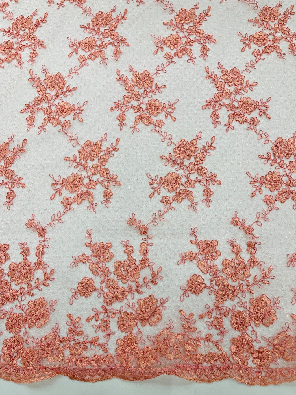Embroidered Corded Lace Fabric - Coral - Cluster Fancy Flower Embroidered Lace Fabric By Yard