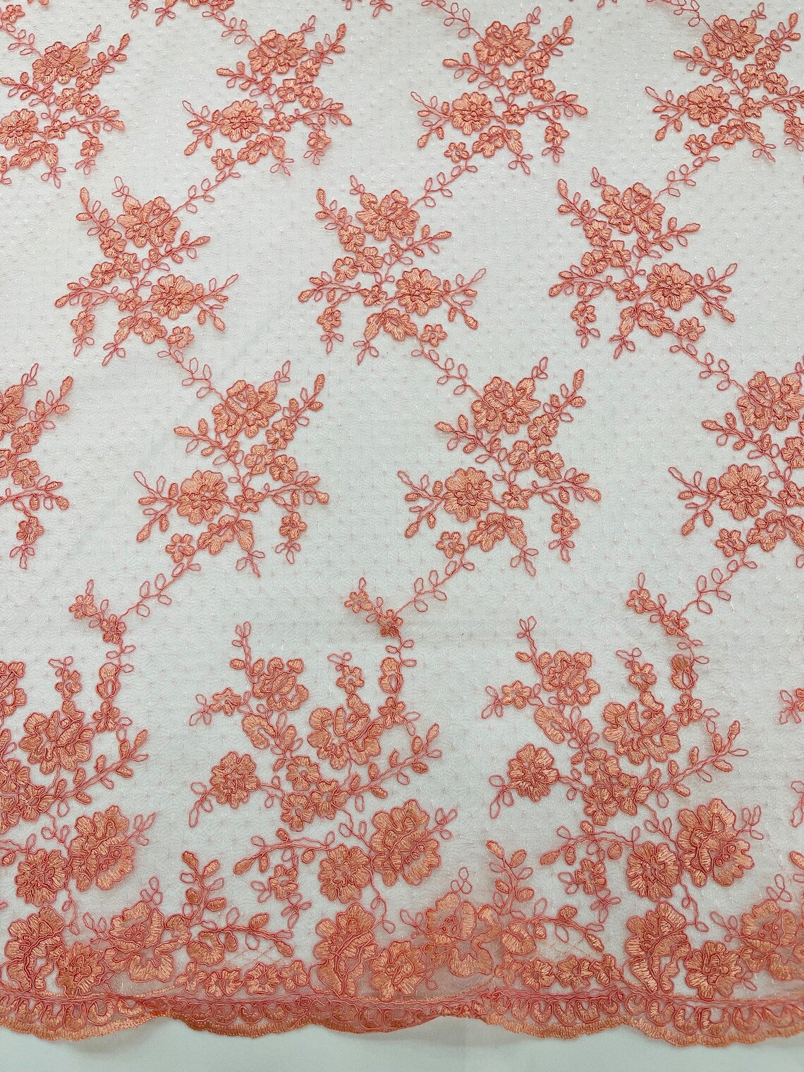 Embroidered Corded Lace Fabric - Coral - Cluster Fancy Flower Embroidered Lace Fabric By Yard