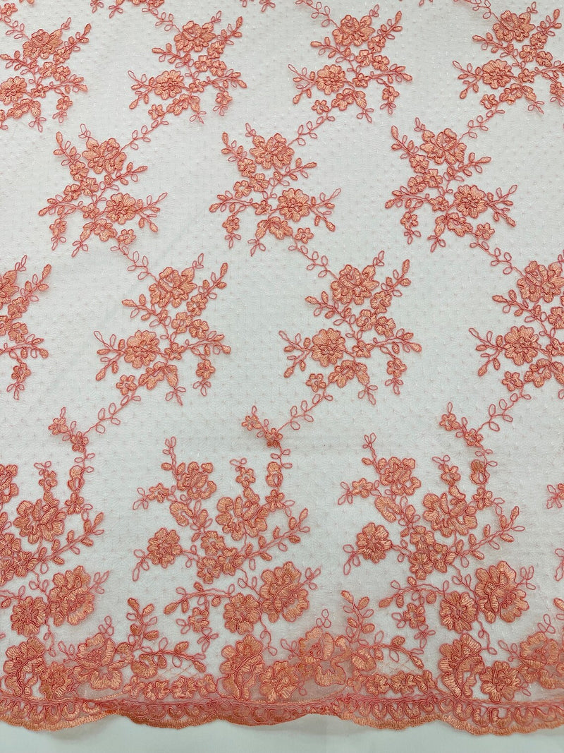Embroidered Corded Lace Fabric - Coral - Cluster Fancy Flower Embroidered Lace Fabric By Yard