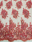 Rhinestone Beaded Fabric - Coral - Beaded Floral Rhinestone Design with Fancy Border Sold By Yard