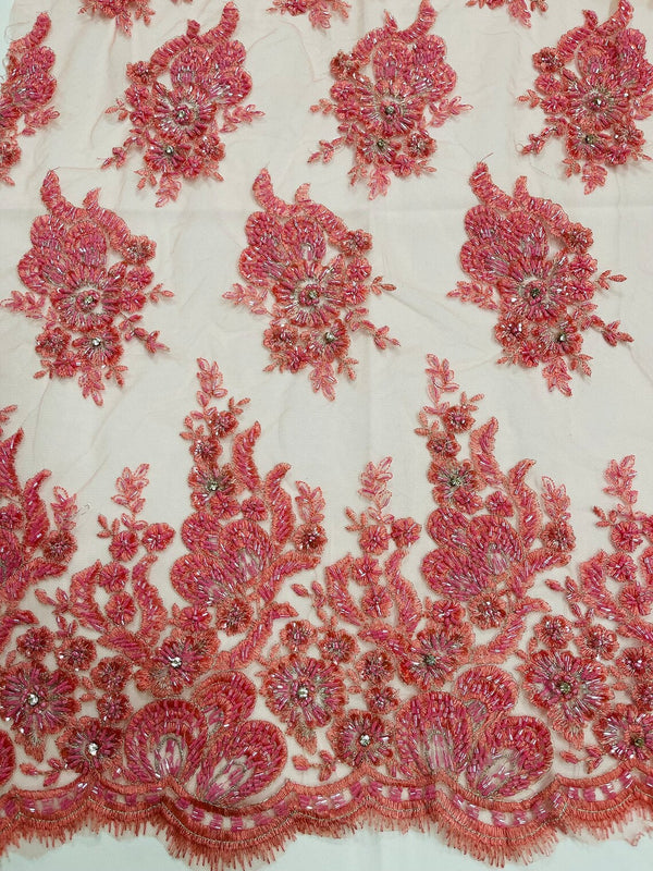 Rhinestone Beaded Fabric - Coral - Beaded Floral Rhinestone Design with Fancy Border Sold By Yard