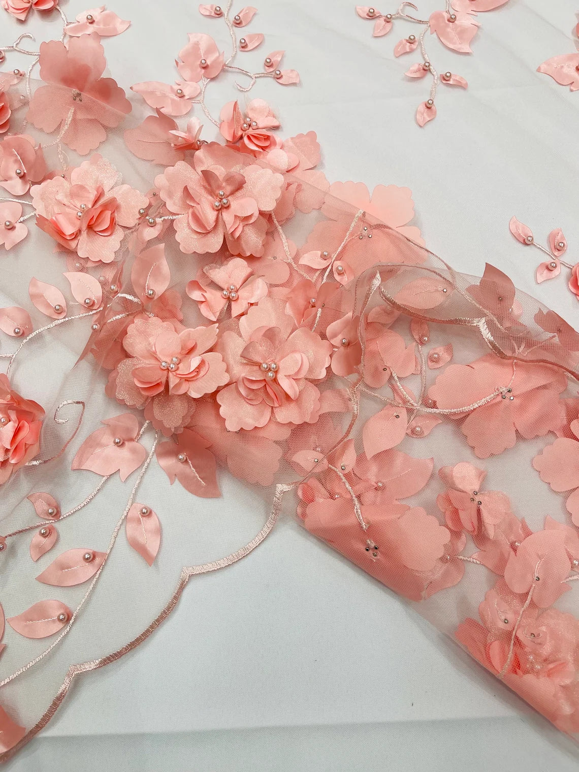 3D Floral Pearl Fabric - Coral - Embroidered Floral Pearl Fabric Double Border On Mesh By Yard