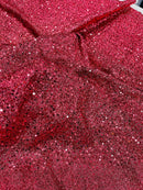 Sequins on Metallic Foil - Coral - 5mm Sequins Confetti 2Way Stretch Spandex Fabric by yard