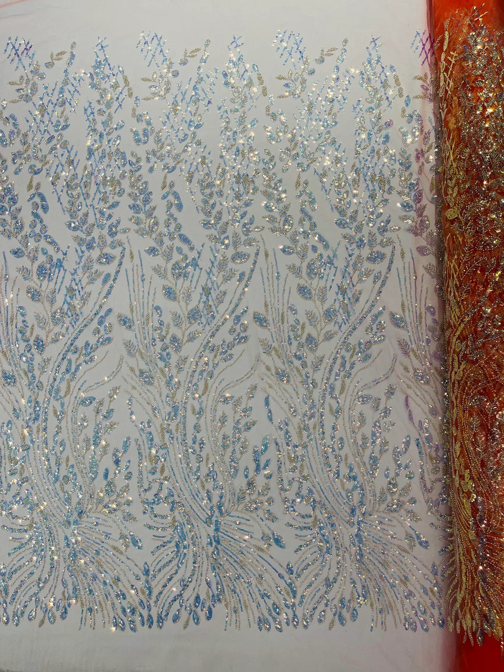 Clear Iridescent Leaf Design - Clear on Coral - Embroidered Beaded Sequins Mesh Fabric by Yard