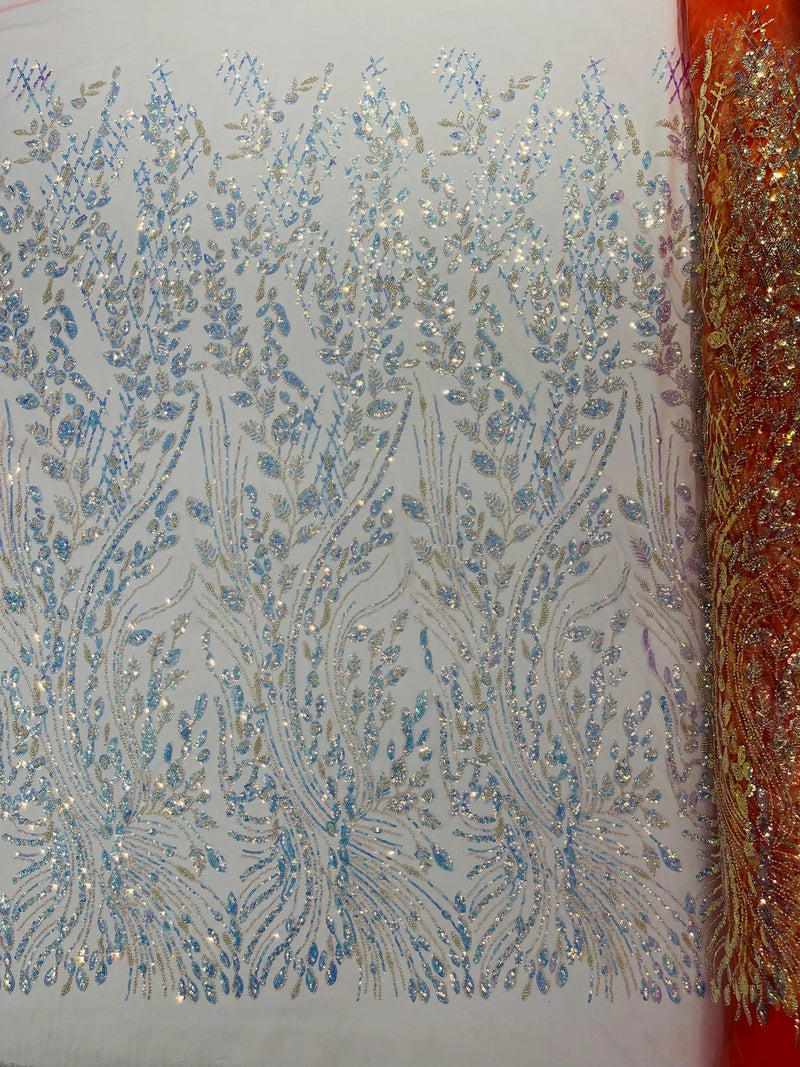 Clear Iridescent Leaf Design - Clear on Coral - Embroidered Beaded Sequins Mesh Fabric by Yard