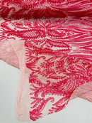 Paisley Sequin Fabric - Coral - Line Pattern 4 Way Stretch Elegant Fabric By The Yard