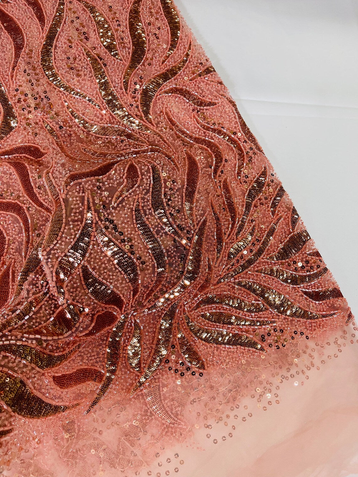 Beaded Fire Design Fabric - Coral - Fire Flame Design Sequins and Beads on Mesh by Yard