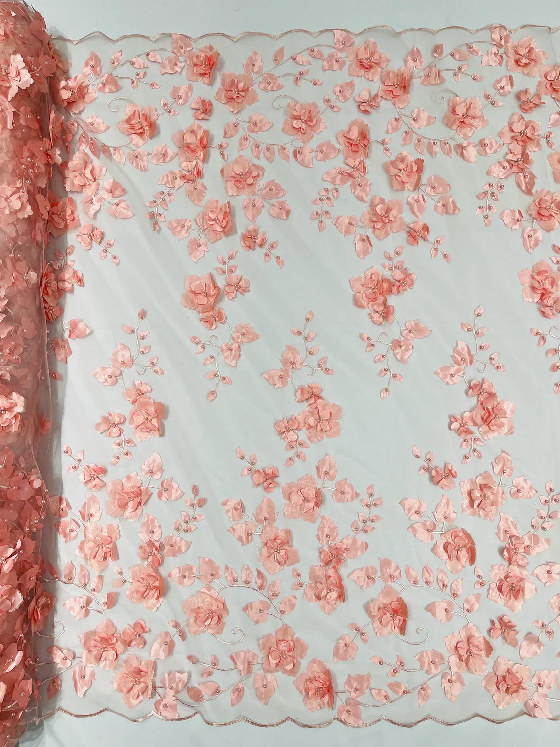 3D Floral Pearl Fabric - Coral - Embroidered Floral Pearl Fabric Double Border On Mesh By Yard
