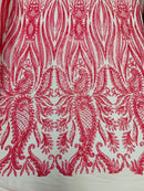 Paisley Sequin Fabric - Coral - Line Pattern 4 Way Stretch Elegant Fabric By The Yard