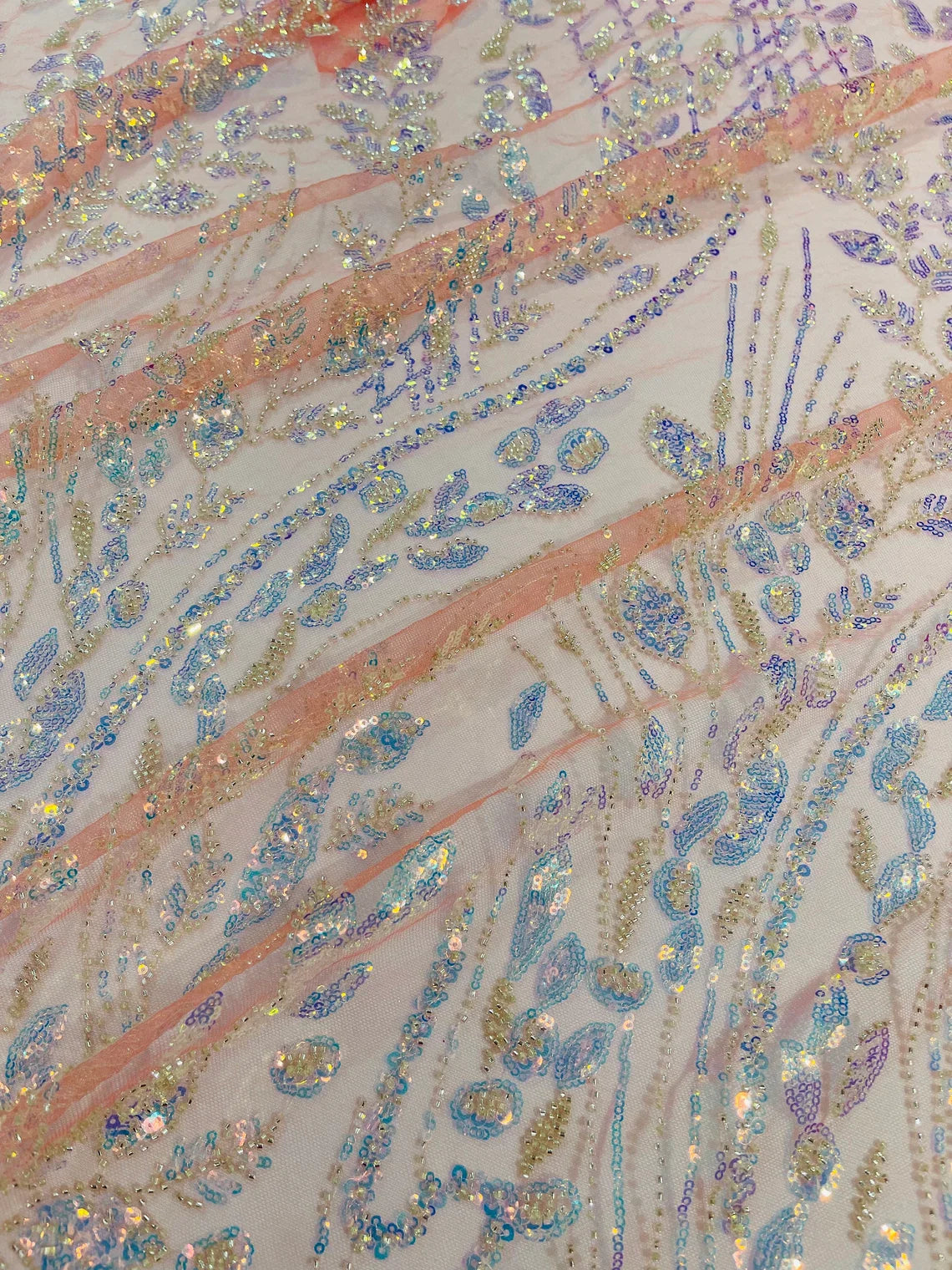 Clear Iridescent Leaf Design - Clear on Coral - Embroidered Beaded Sequins Mesh Fabric by Yard