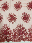 Beaded Flower Cluster Fabric - Coral - Beaded Floral Gaviota Design Embroidered On Mesh Sold By Yard