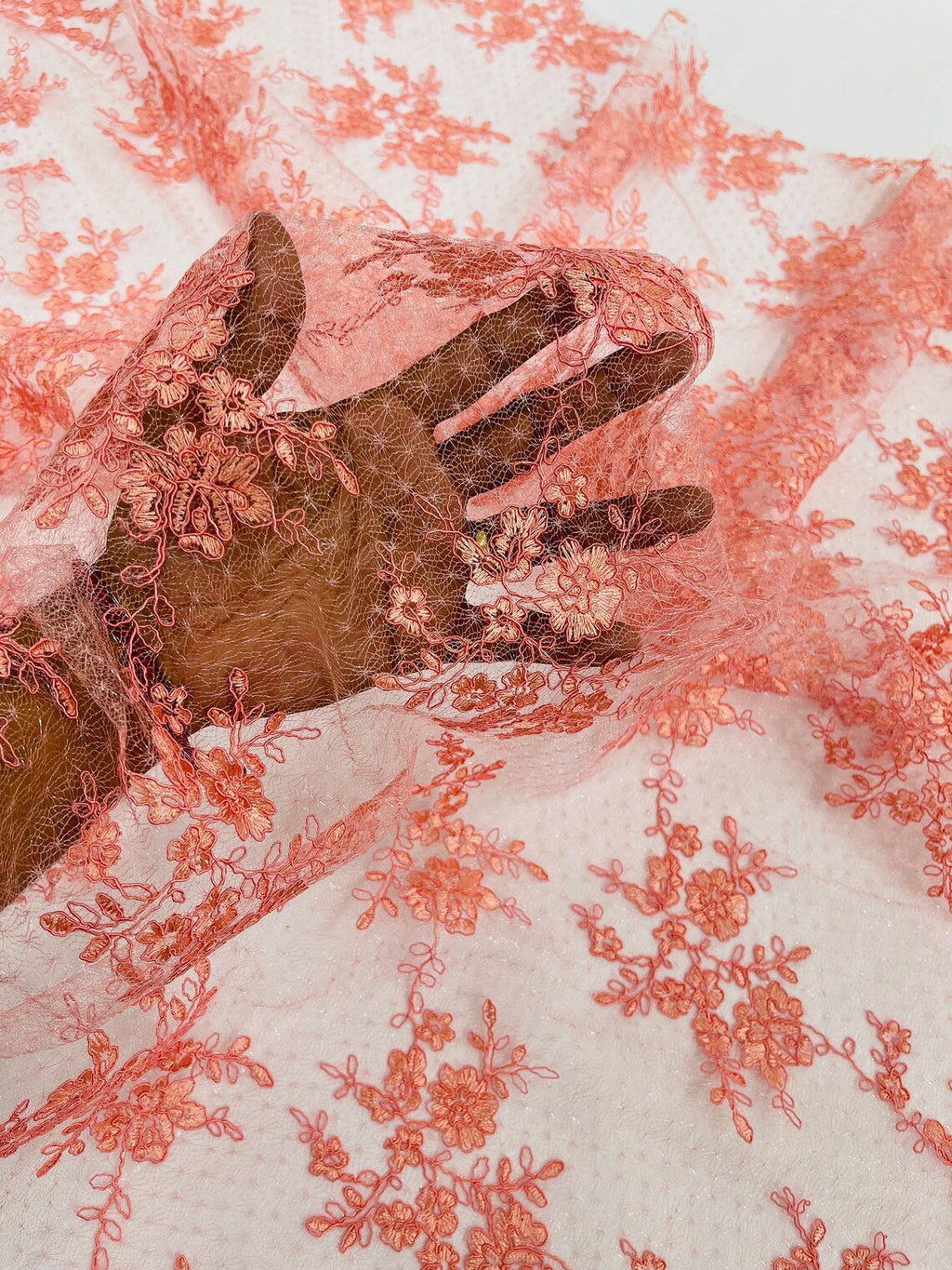Embroidered Corded Lace Fabric - Coral - Cluster Fancy Flower Embroidered Lace Fabric By Yard