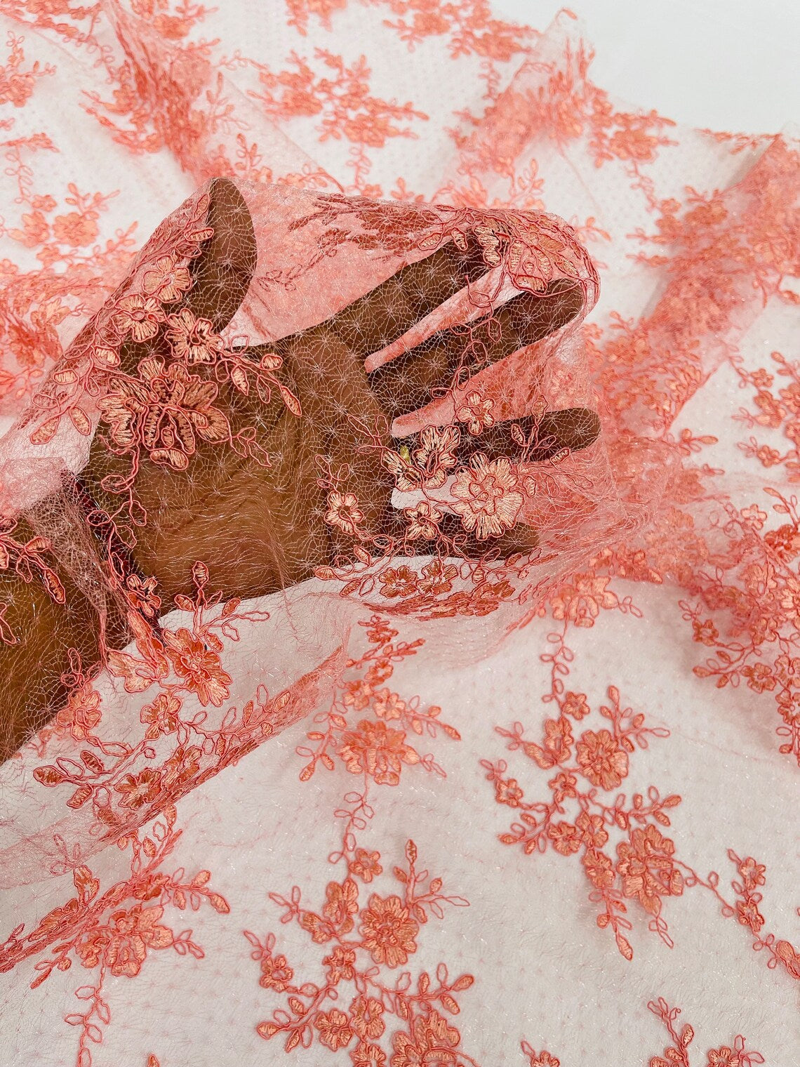Embroidered Corded Lace Fabric - Coral - Cluster Fancy Flower Embroidered Lace Fabric By Yard