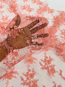 Embroidered Corded Lace Fabric - Coral - Cluster Fancy Flower Embroidered Lace Fabric By Yard