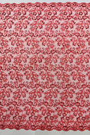 Corded Sequin Floral Fabric - Coral - Embroidery Design With Sequins on a Mesh Lace Fabric Sold By Yard