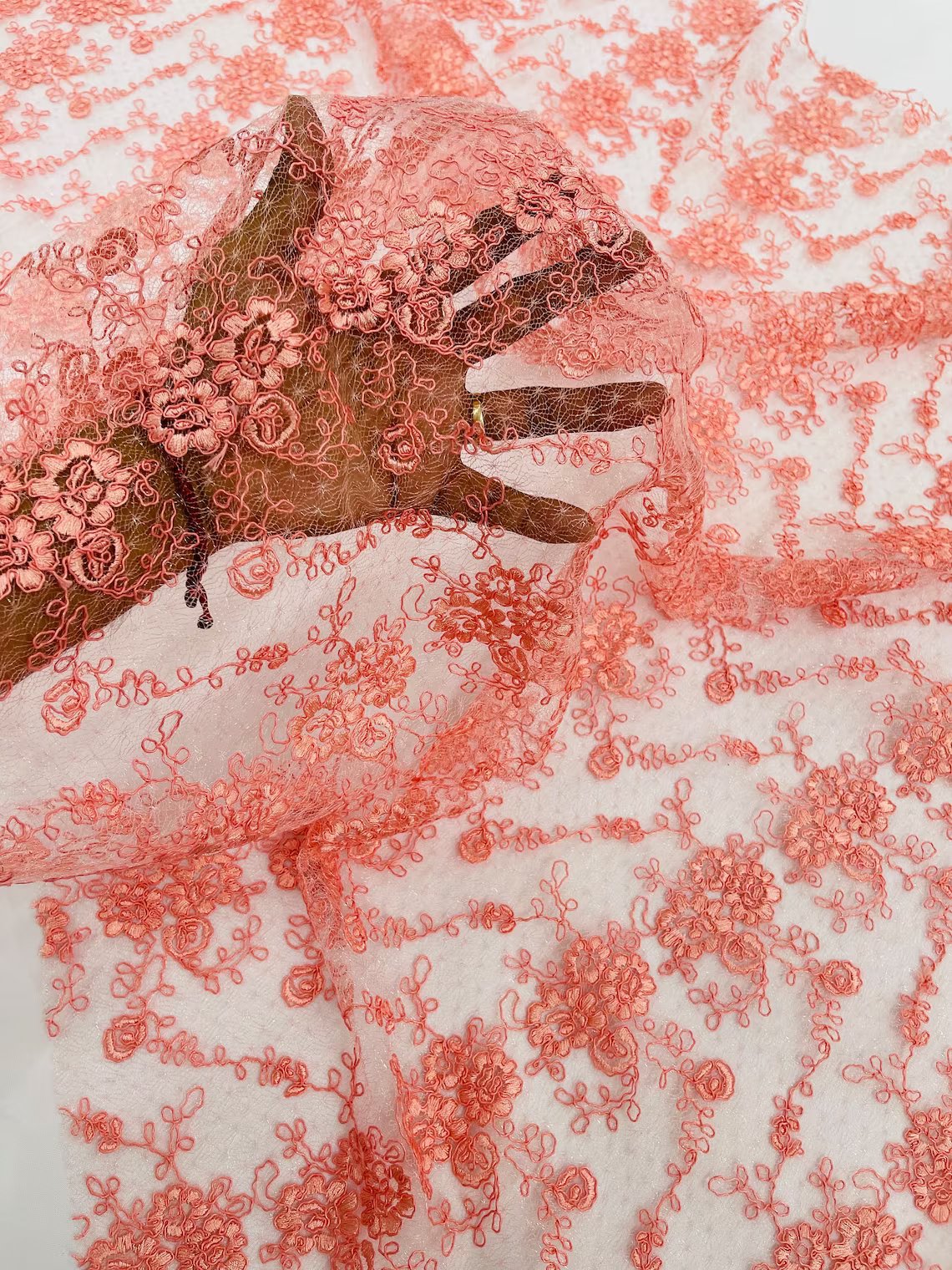 Embroidered Flower Fabric - Coral - Floral Design Scalloped Border Fabric By Yard