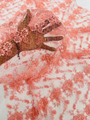 Embroidered Flower Fabric - Coral - Floral Design Scalloped Border Fabric By Yard