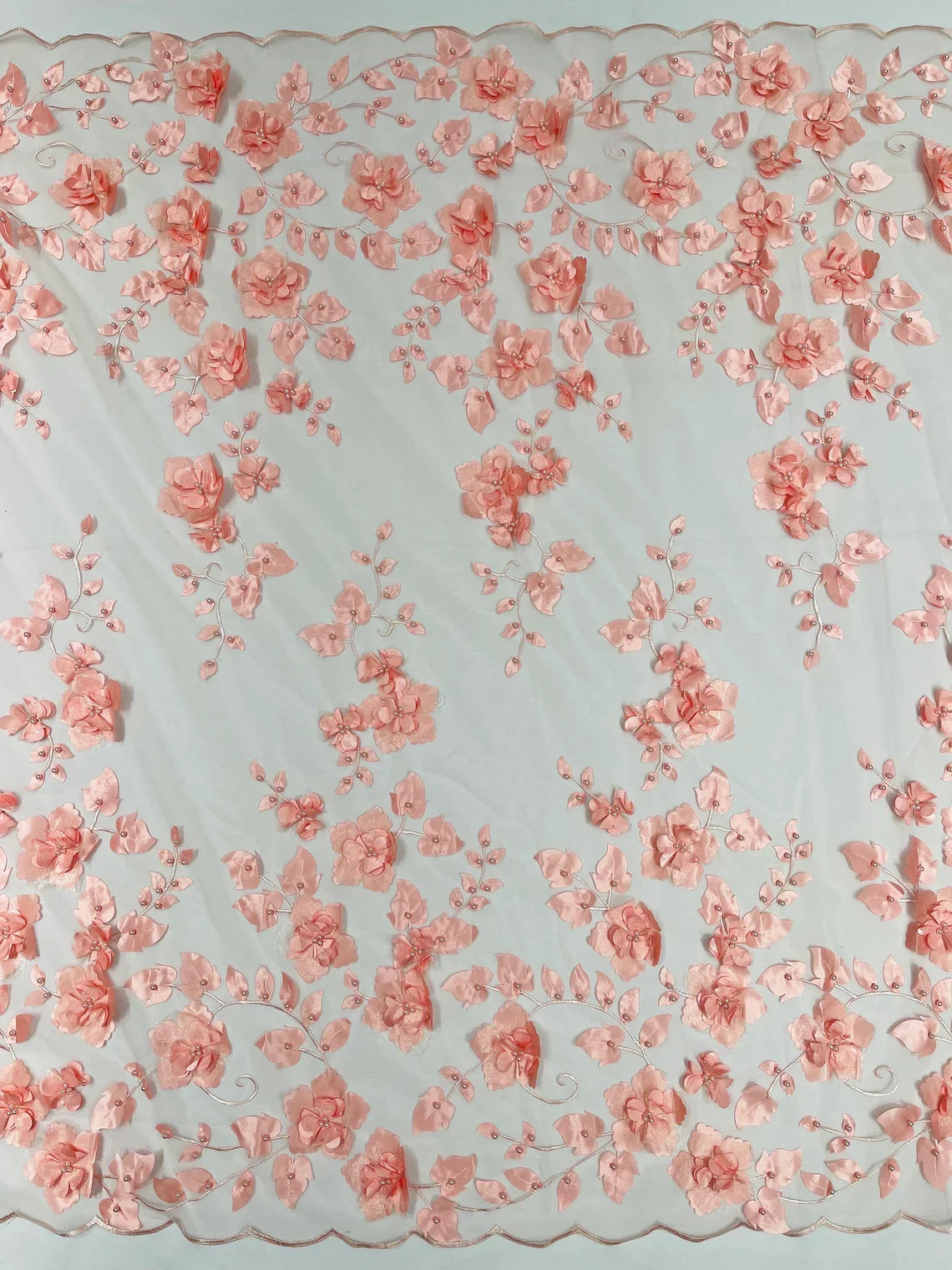 3D Floral Pearl Fabric - Coral - Embroidered Floral Pearl Fabric Double Border On Mesh By Yard