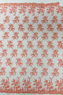 Embroidered Corded Lace Fabric - Coral - Cluster Fancy Flower Embroidered Lace Fabric By Yard