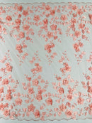 3D Floral Pearl Fabric - Coral - Embroidered Floral Pearl Fabric Double Border On Mesh By Yard