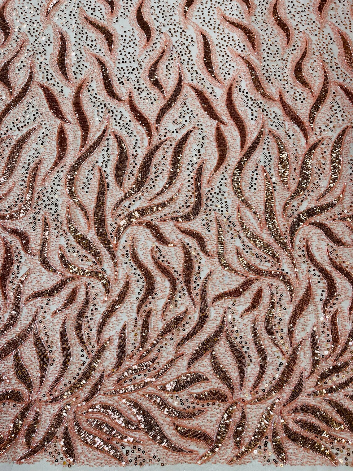 Beaded Fire Design Fabric - Coral - Fire Flame Design Sequins and Beads on Mesh by Yard