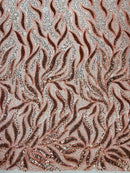 Beaded Fire Design Fabric - Coral - Fire Flame Design Sequins and Beads on Mesh by Yard